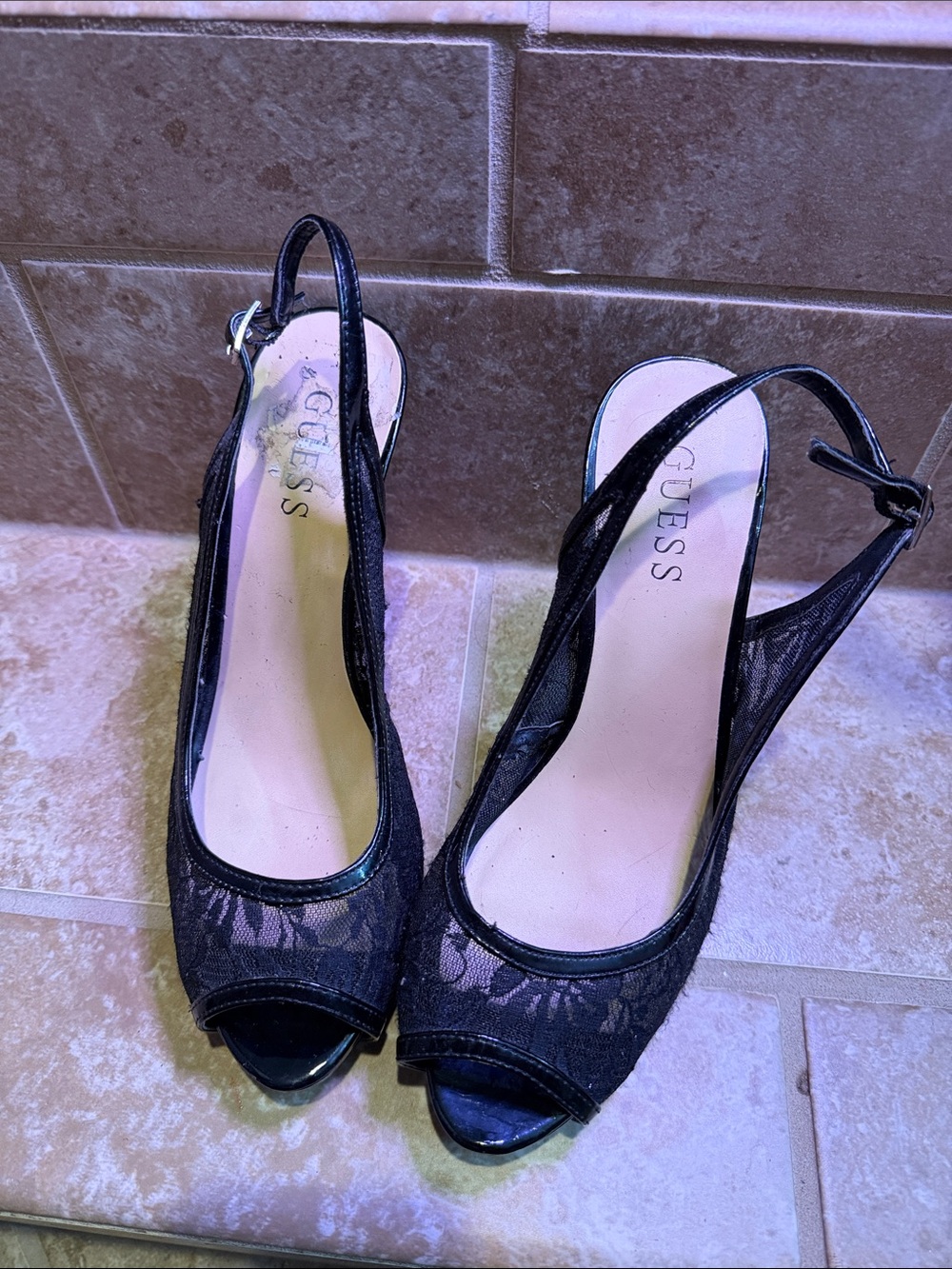 GUESS Black Lace Peep-Toe Slingback Heels